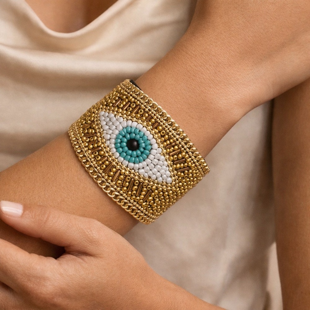 Beaded Evil Eye Statement Cuff Bracelet Gold & Tu… - image 1